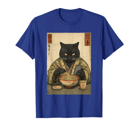 Samurai Cat Eat Ramen Scroll Phone Japanese Food Humor Art T-Shirt