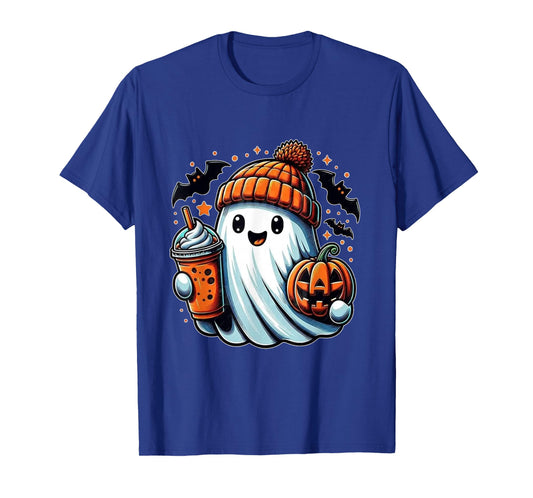 Cute Ghost Drinking Ice Coffee Halloween Pumpkin Mens Womens T-Shirt