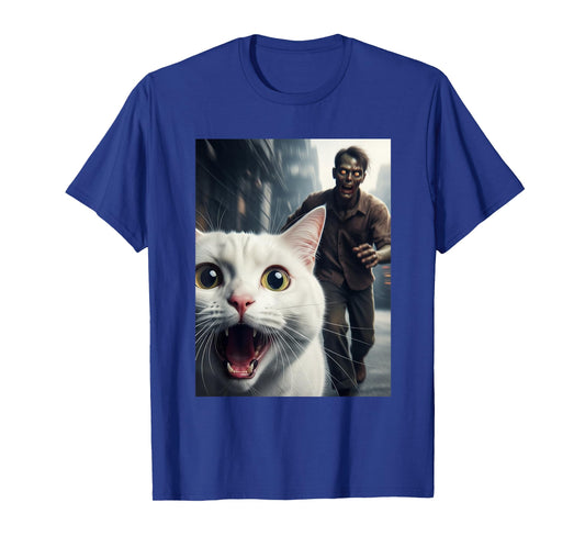 White Cat Selfie with Zombie Funny Pet Owner Graphic T-Shirt