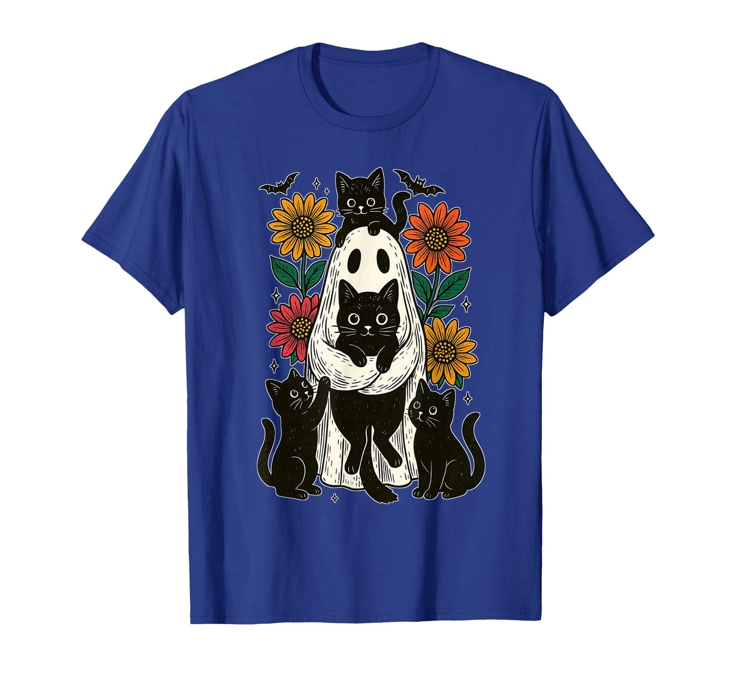 Vintage Halloween Ghost Holding Black Cat Groovy Floral T-Shirt