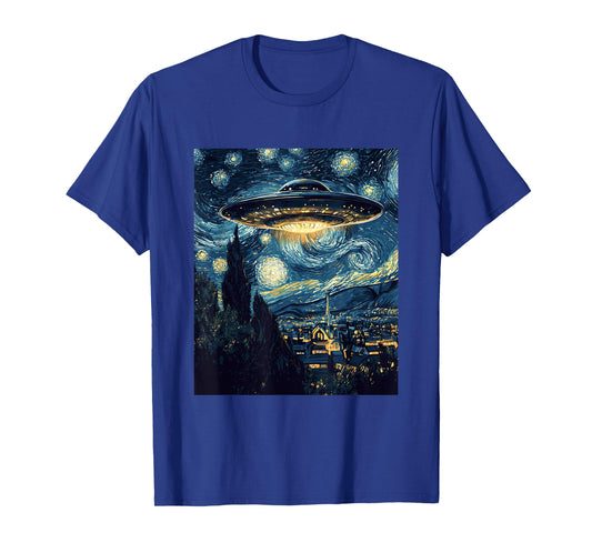 UFO Aliens Flying Saucer - Van Gogh Style - Starry Night T-Shirt