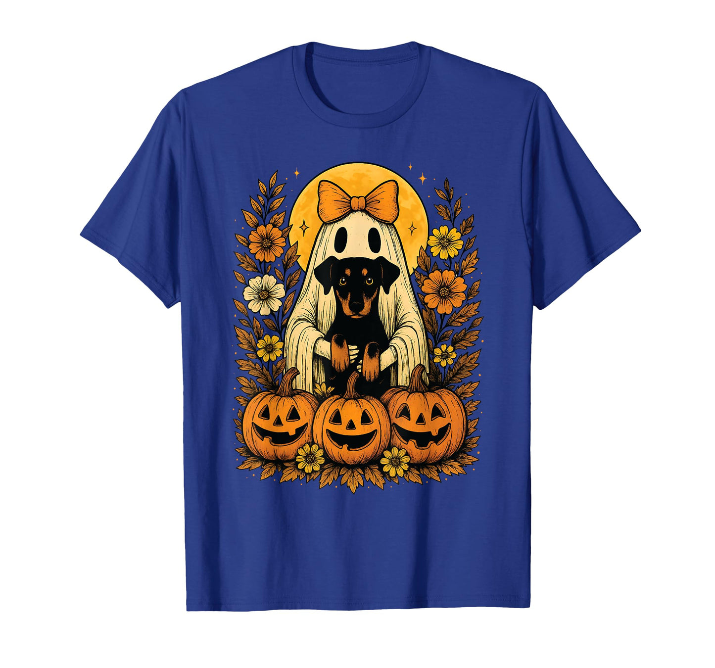 Vintage Halloween Ghost Holding Doberman Pinscher Dog T-Shirt