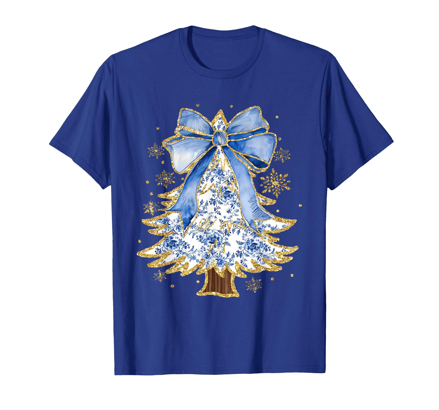 Blue Coquette Bow Christmas Tree Chinoiserie Blue Floral T-Shirt