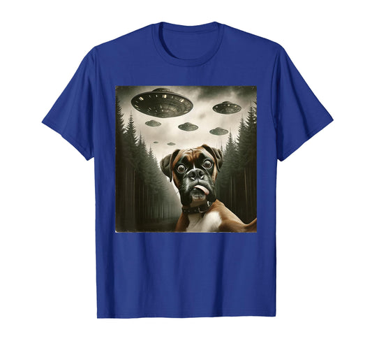 Funny Boxer Dog Selfie with UFOs Alien Mens Womens Dog T-Shirt