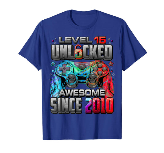 Level 15 Unlocked Awesome Since 2010 15th Birthday Gaming T-Shirt