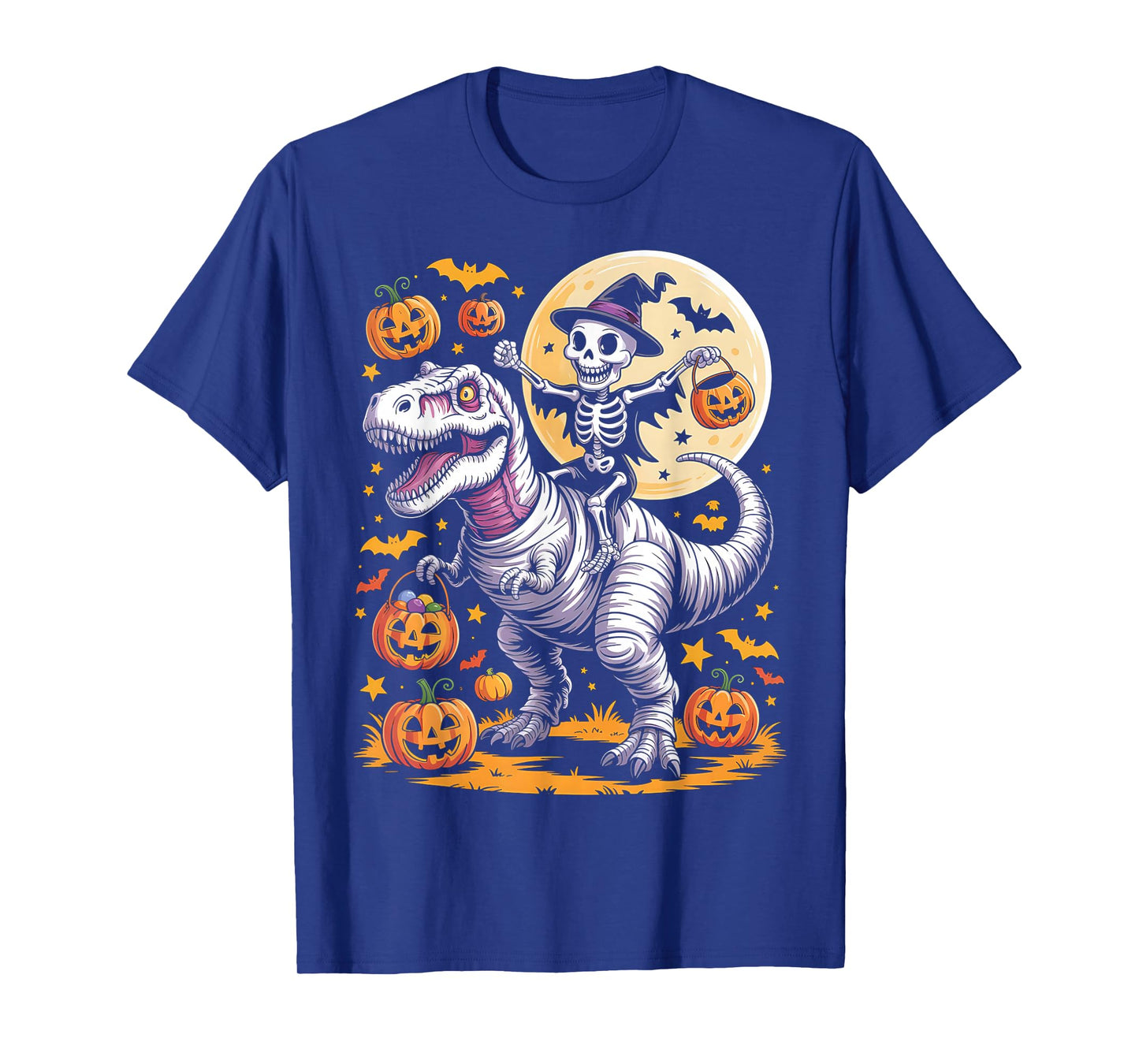 Skeleton Riding Mummy Dinosaur T Rex Kids Boys Men Halloween T-Shirt