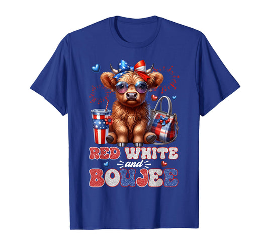 Cute Red White And Boujee Highland Cow 4th Of July Patriotic T-Shirt