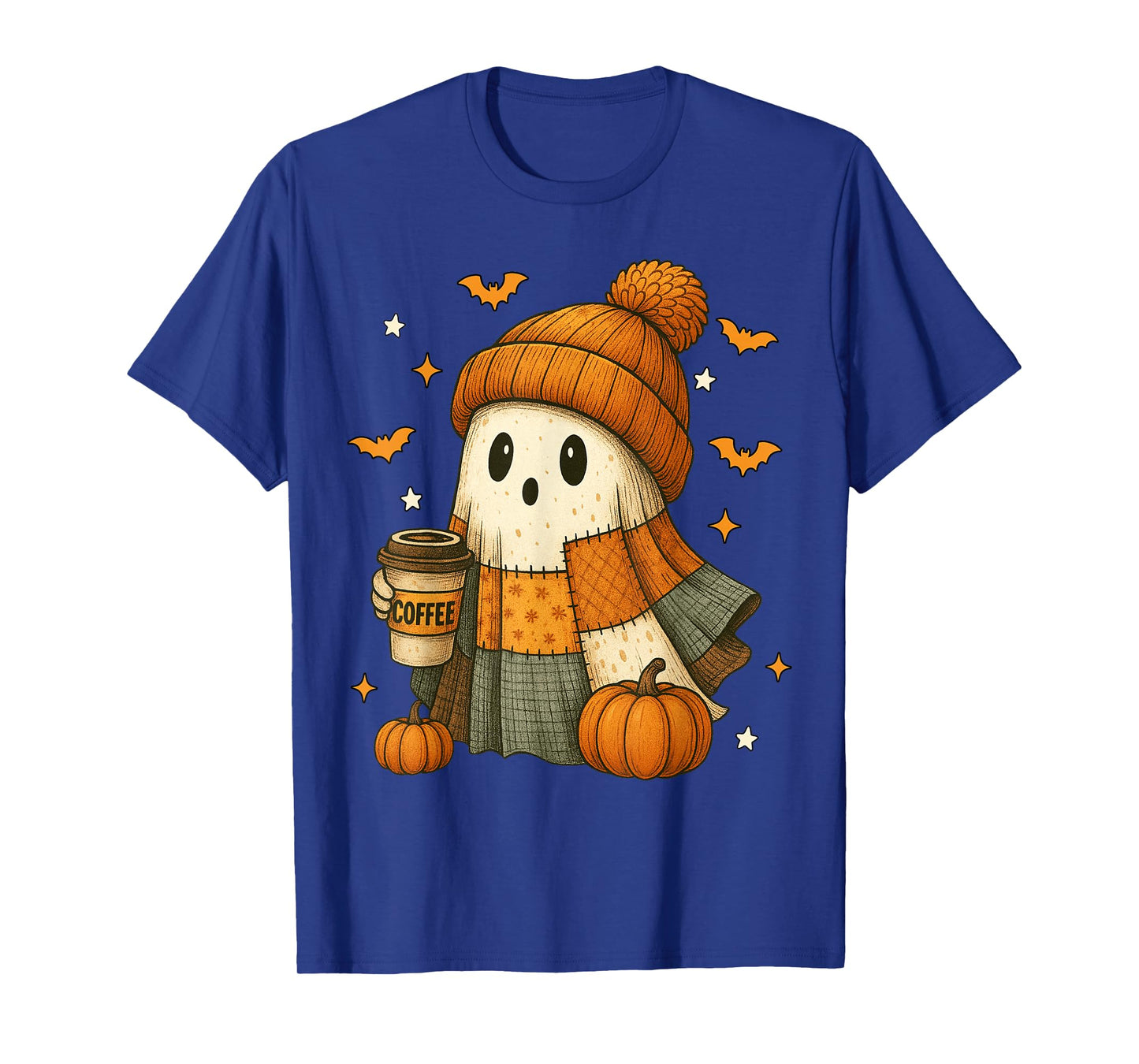 Cute Ghost Drinking Coffee Halloween Patchwork Ghost Women T-Shirt