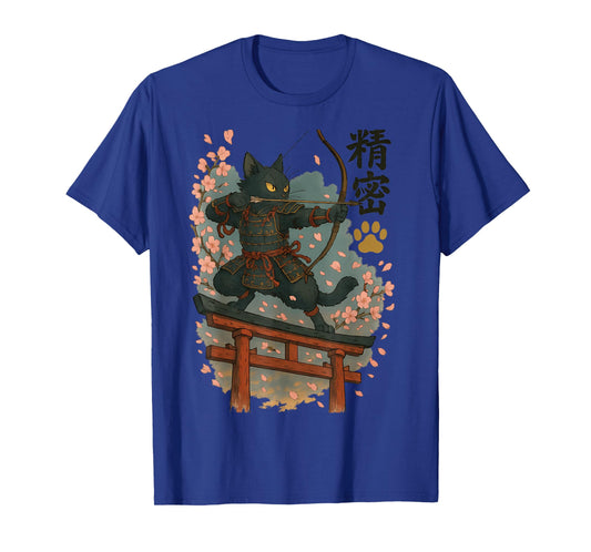 Samurai Cat Archer at Dusk Fierce Black Neko, Crimson Men Women T-Shirt