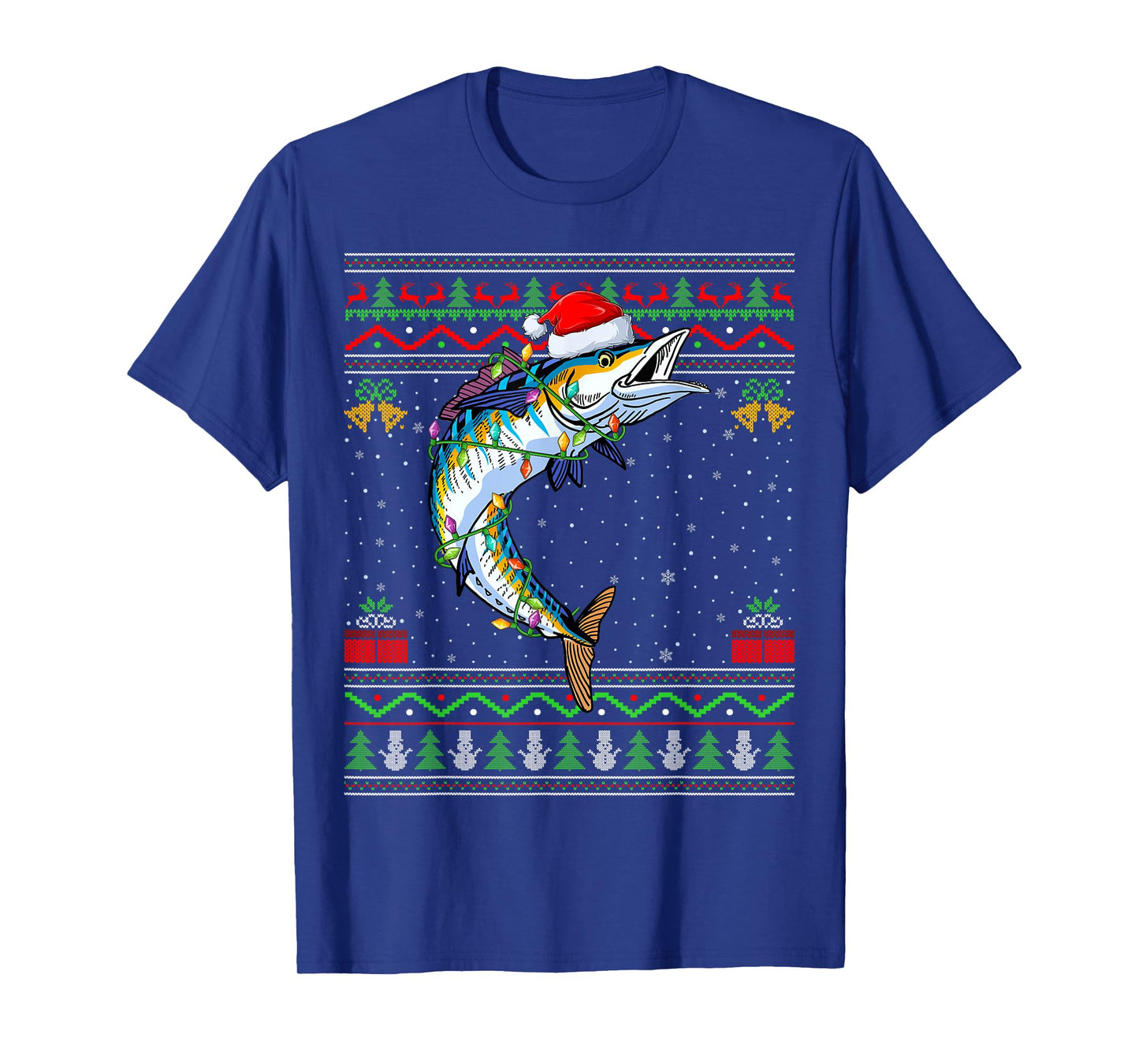Xmas Lights Ugly Sweater Style Santa Wahoo Fish Christmas T-Shirt