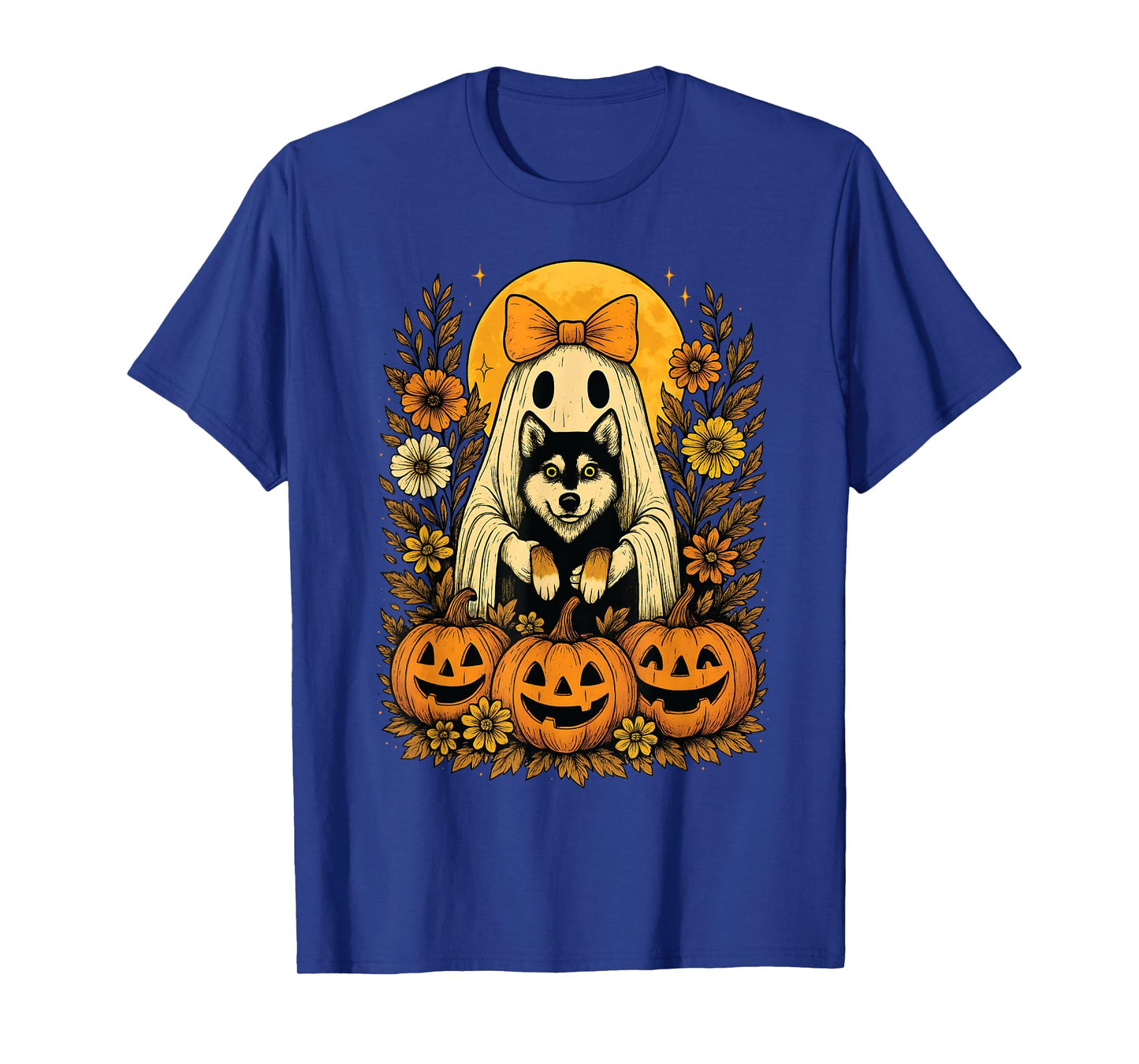 Vintage Halloween Ghost Holding Siberian Husky Dog T-Shirt