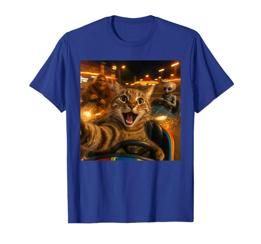 Funny Cat Selfie with Big Foot & Alien Bumper Car Meme T-Shirt