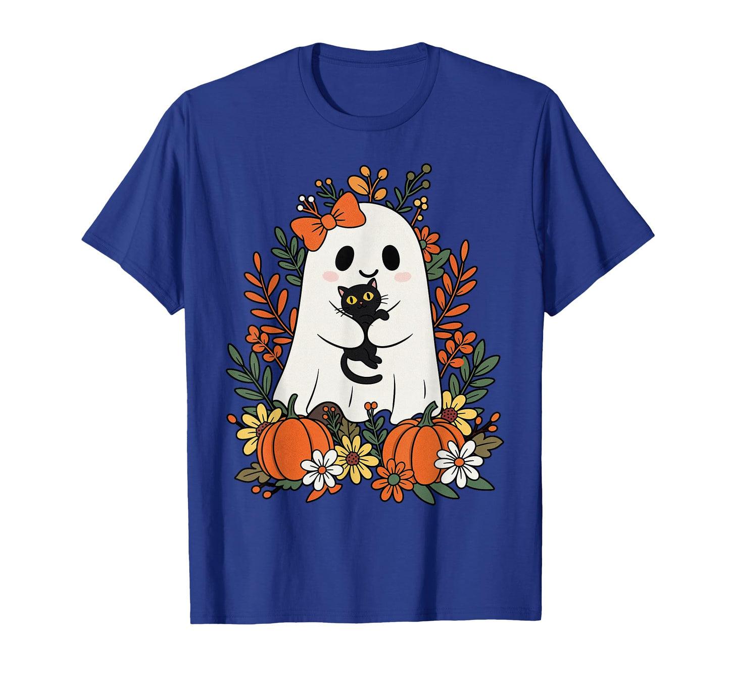Vintage Cute Ghost with Black Cat and Pumpkins Halloween T-Shirt