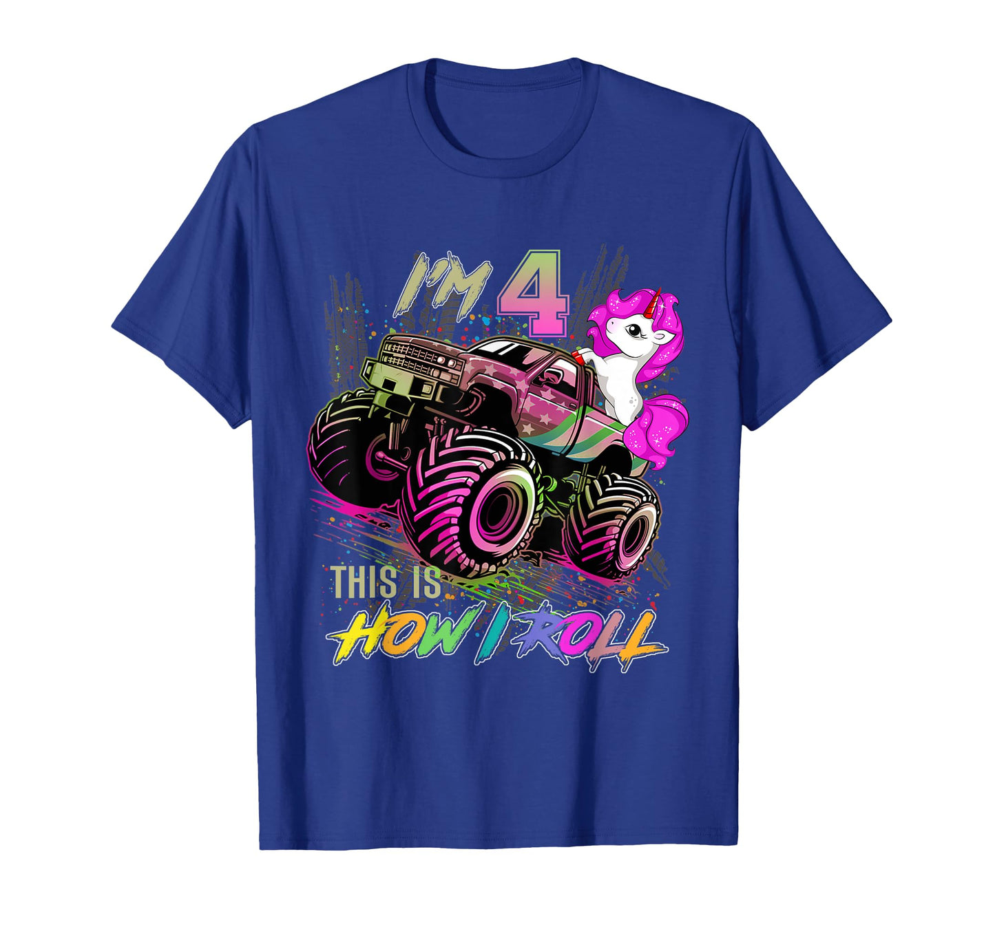 4 Year Old Girl Loves Monster Truck & Unicorn, 4th Birthday T-Shirt