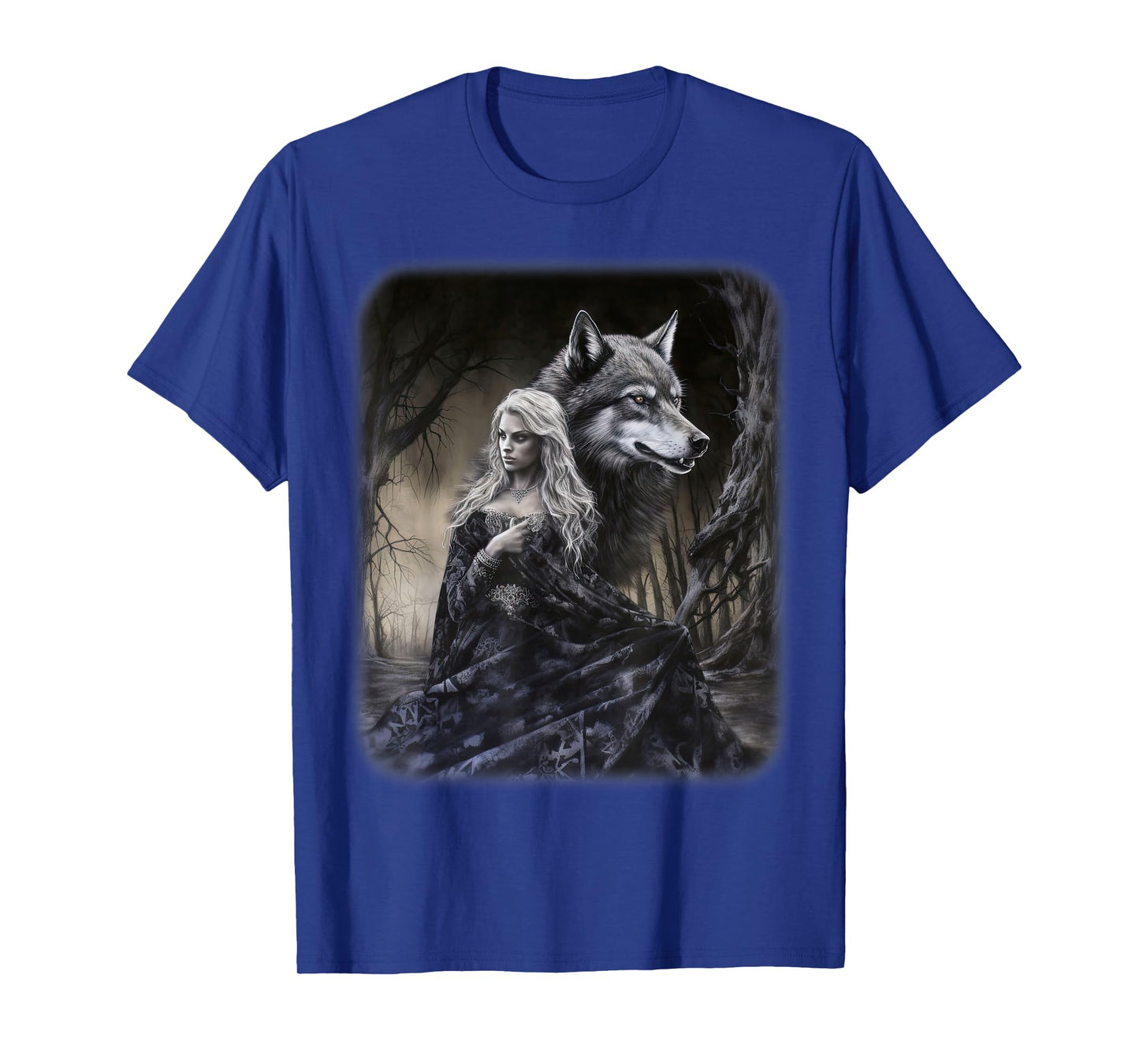 Woman and Gray Wolf in Forest Moon Fantasy Art Painting T-Shirt
