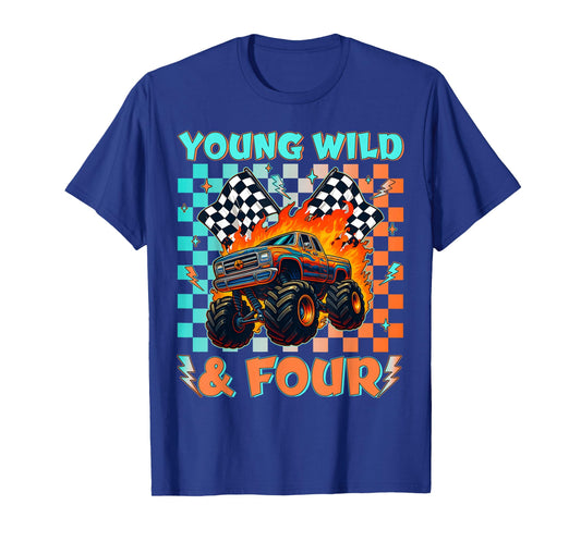 Young Wild Four Monster Truck Birthday 4th Racing Boys T-Shirt
