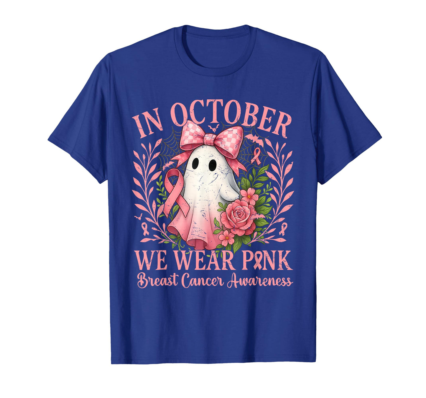 in October We Wear Pink Ghost with Flowers Breast Cancer T-Shirt