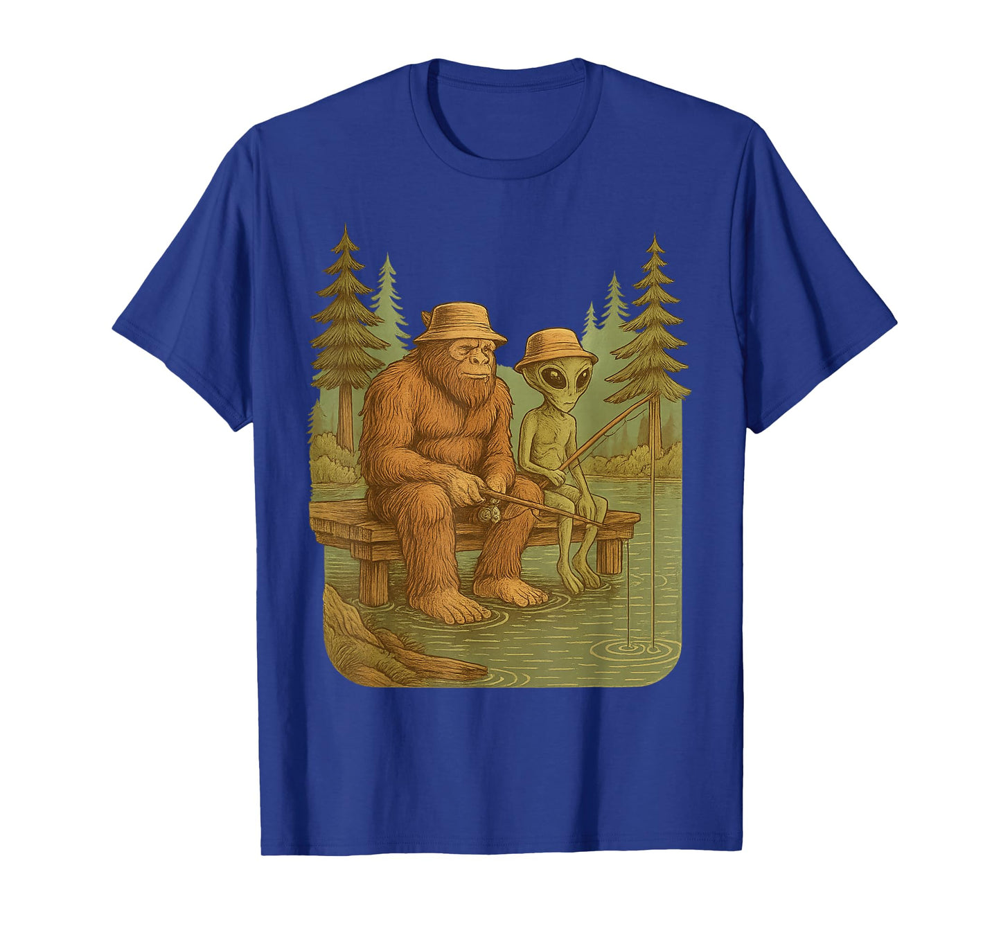 Funny Bigfoot Sasquatch Alien Fishing Outdoors Lake River T-Shirt