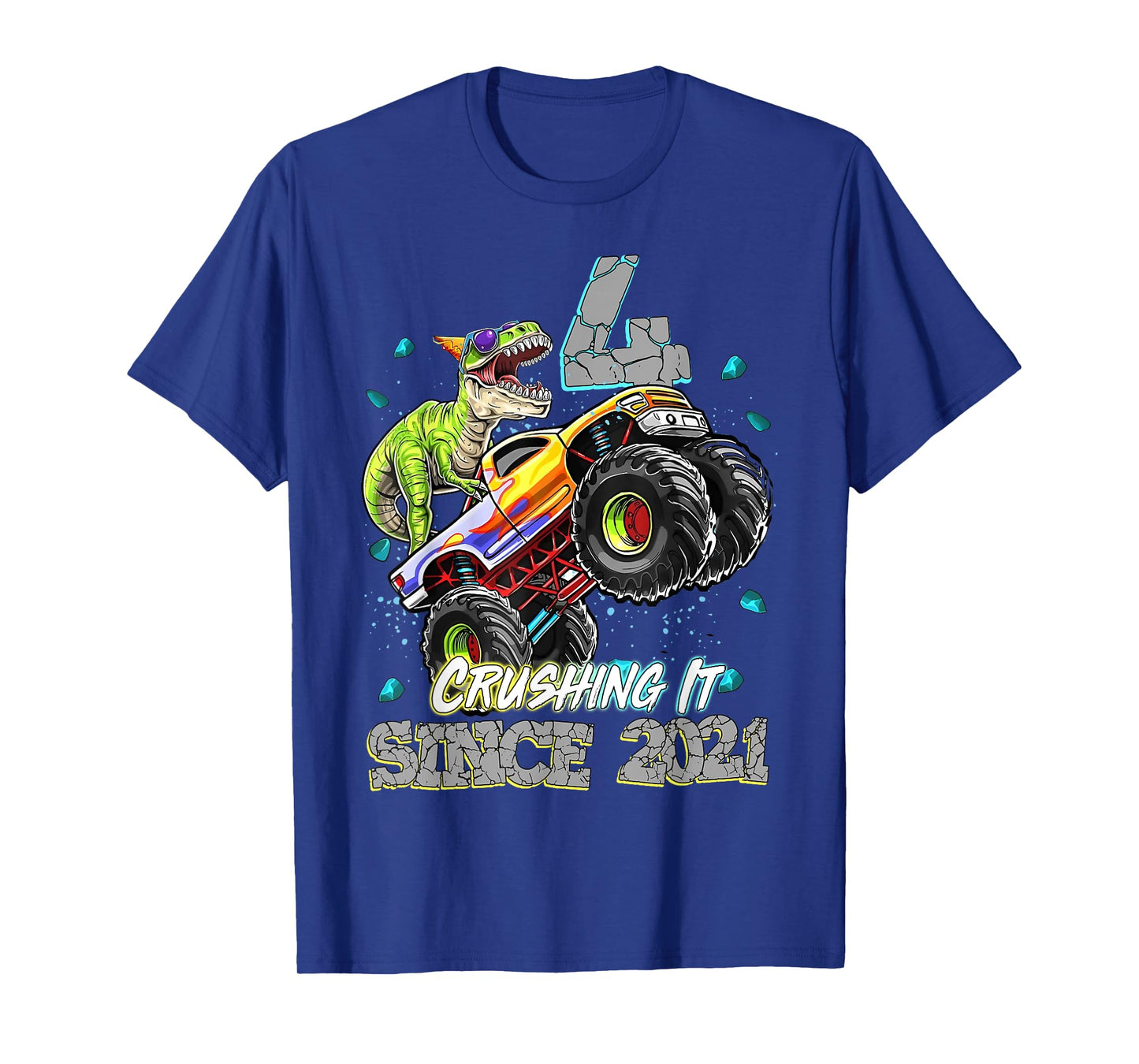 4th Birthday Since 2021 Monster Truck Dinosaur Birthday Boy T-Shirt