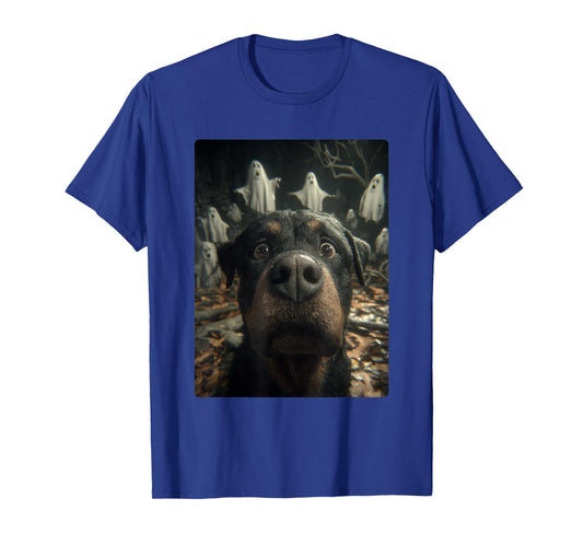 Funny Rottweiler Selfie Ghosts Haunted Forest Halloween Dog T-Shirt