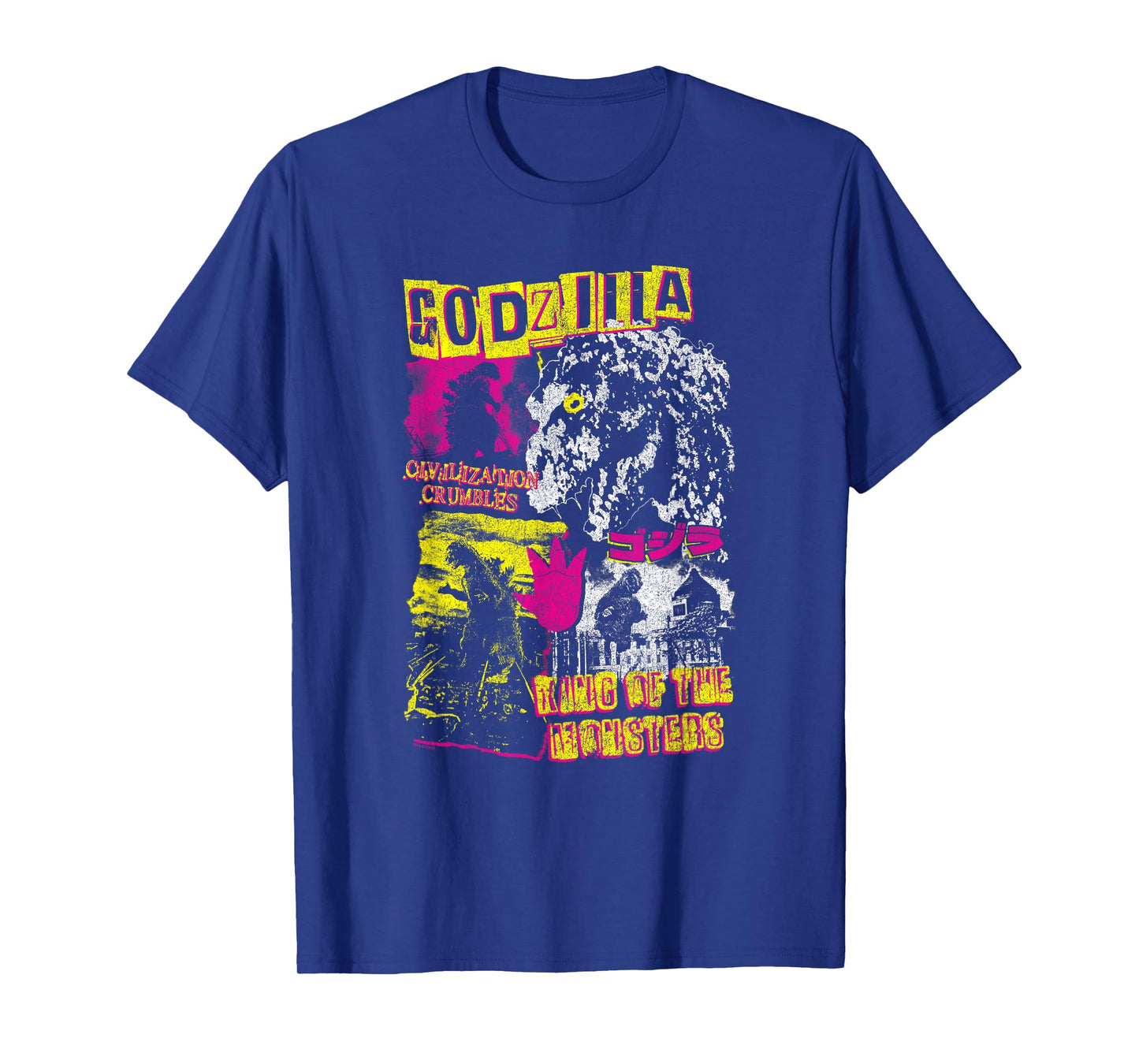 Godzilla Civilization Crumbles Neon Collage Retro Movie T-Shirt