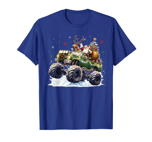 Reindeer Santa Riding Monster Truck Christmas Tree Men Boy T-Shirt