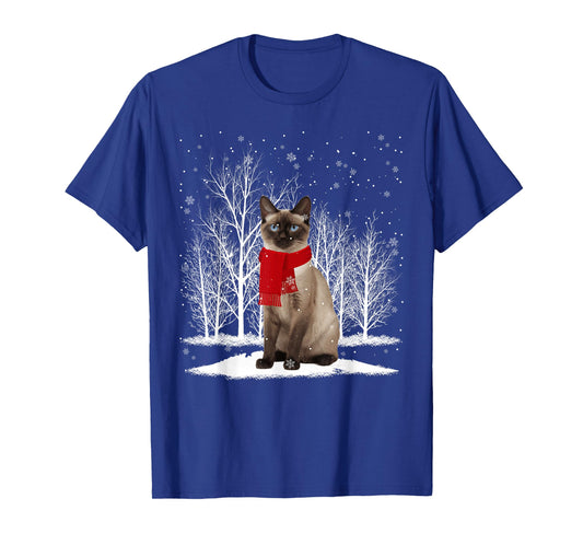Funny Siamese Cat Wearing Ugly Christmas Sweater Scarf Xmas T-Shirt