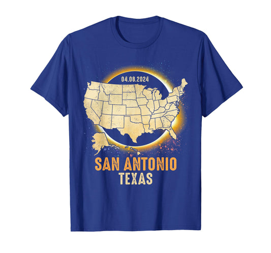 Total Solar Eclipse 2024 San Antonio Texas USA Map Colorful T-Shirt