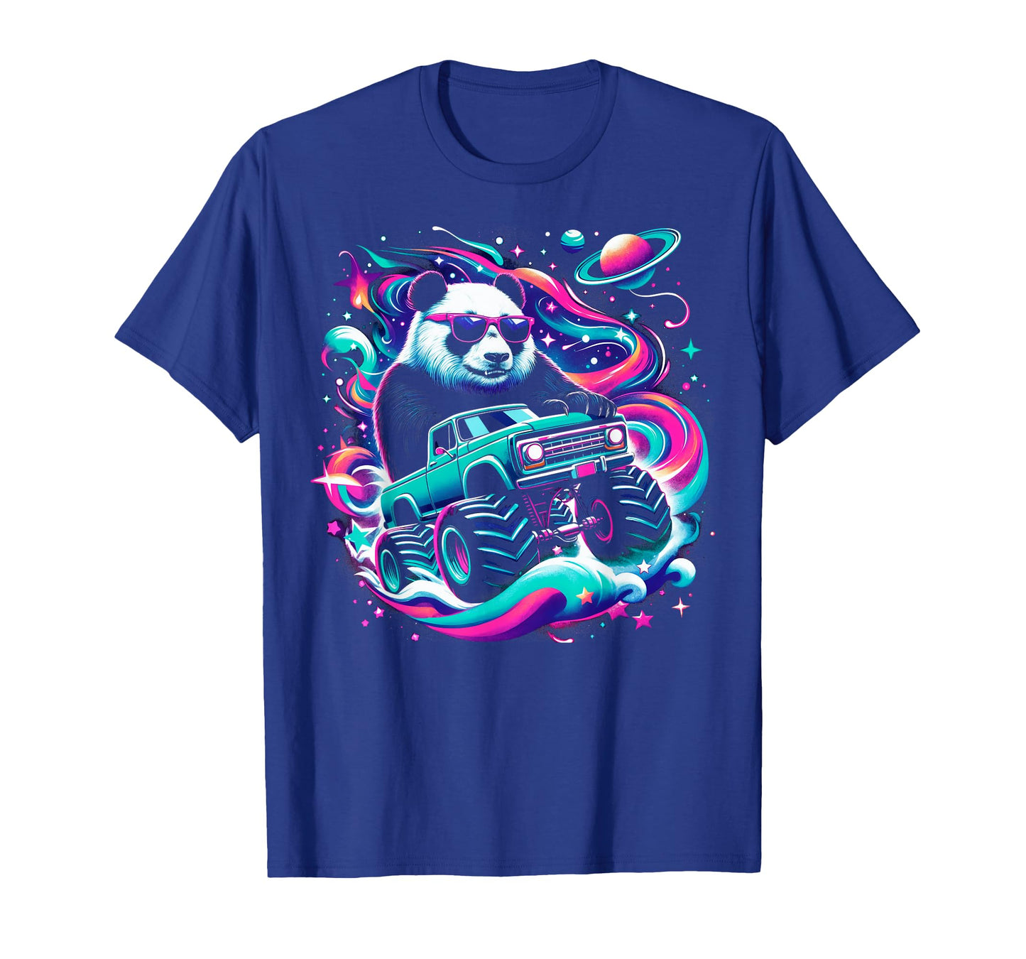 Cool Giant Panda Driving Monster Truck in Cosmic Space T-Shirt