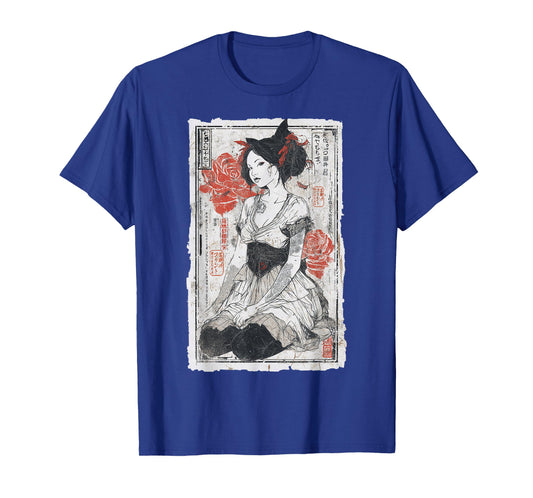Japanese Geisha Floral Art - Vintage Ukiyo-e Portrait T-Shirt