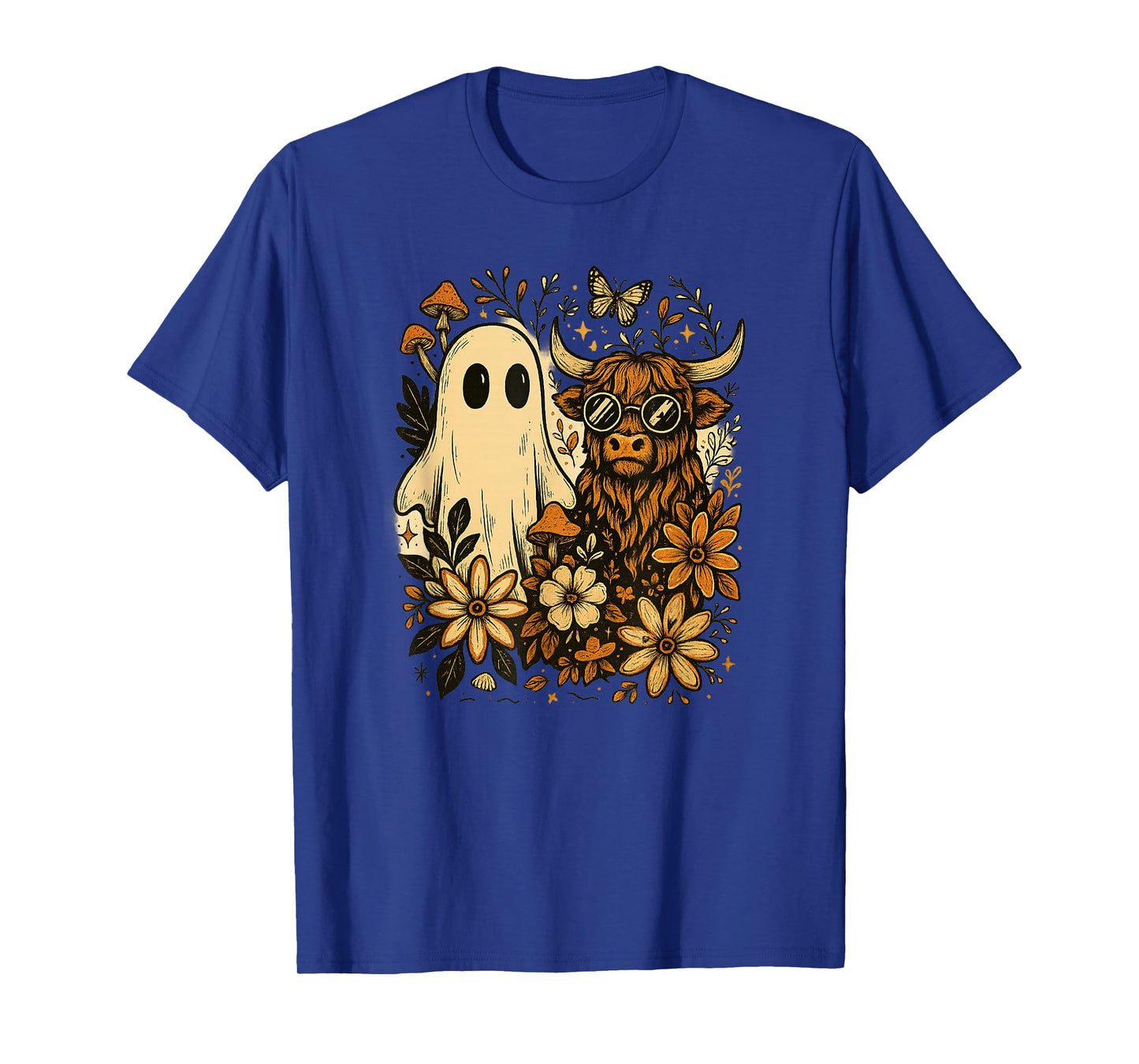 Highland Cow & Ghost Retro Autumn Floral Aesthetic T-Shirt