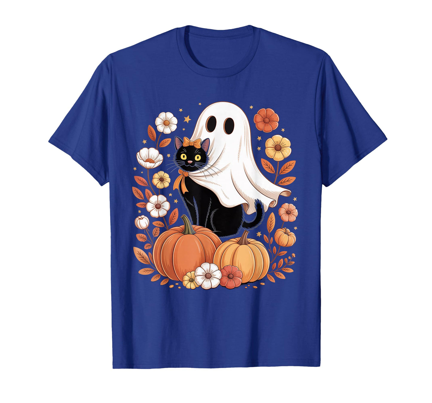 Vintage Black Cat and Ghost with Pumpkins Flowers Halloween T-Shirt