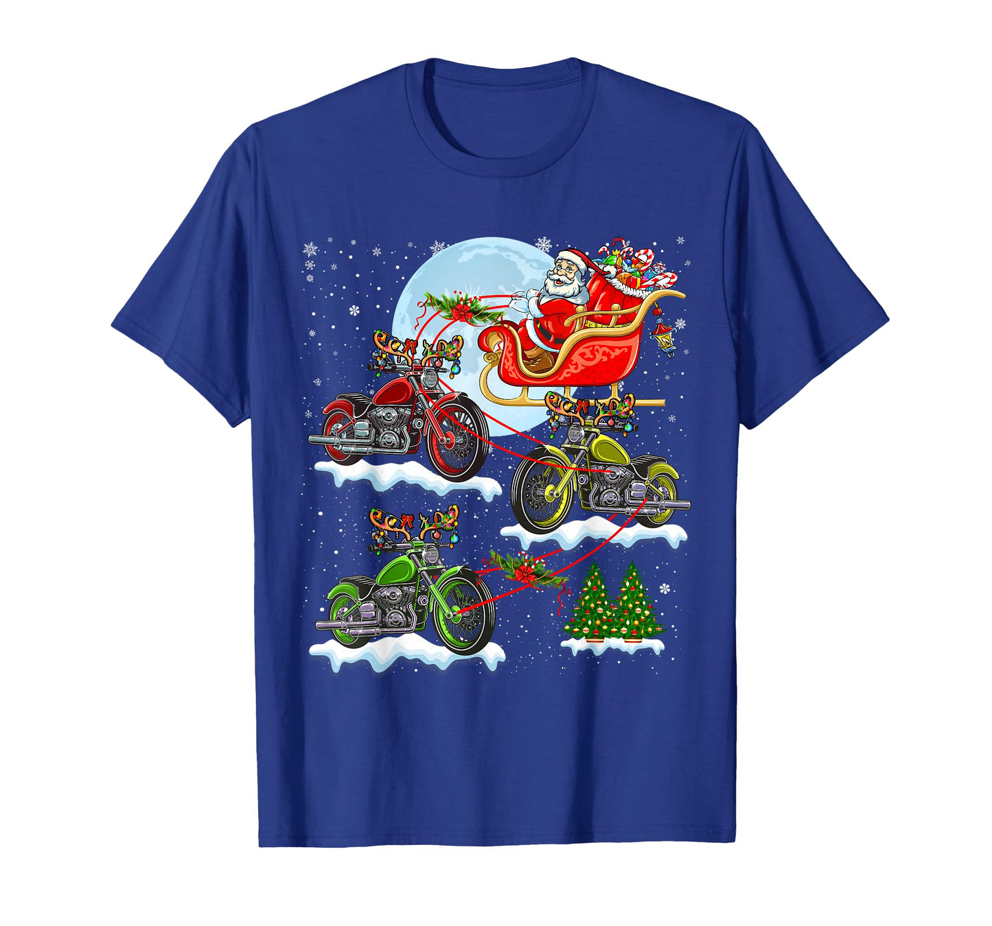 Santa Riding Sleigh Reindeer Motorcycles Xmas Tree Biker T-Shirt