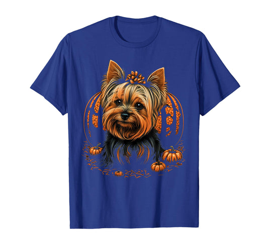 Pumpkin Yorkie Costume on Yorkshire Terrier Halloween T-Shirt