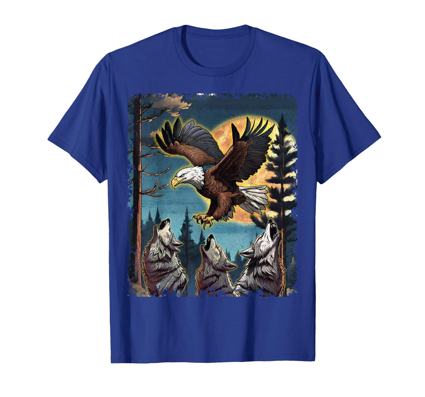Three Wolves Howling Moon American Bald Eagle Nature Print T-Shirt