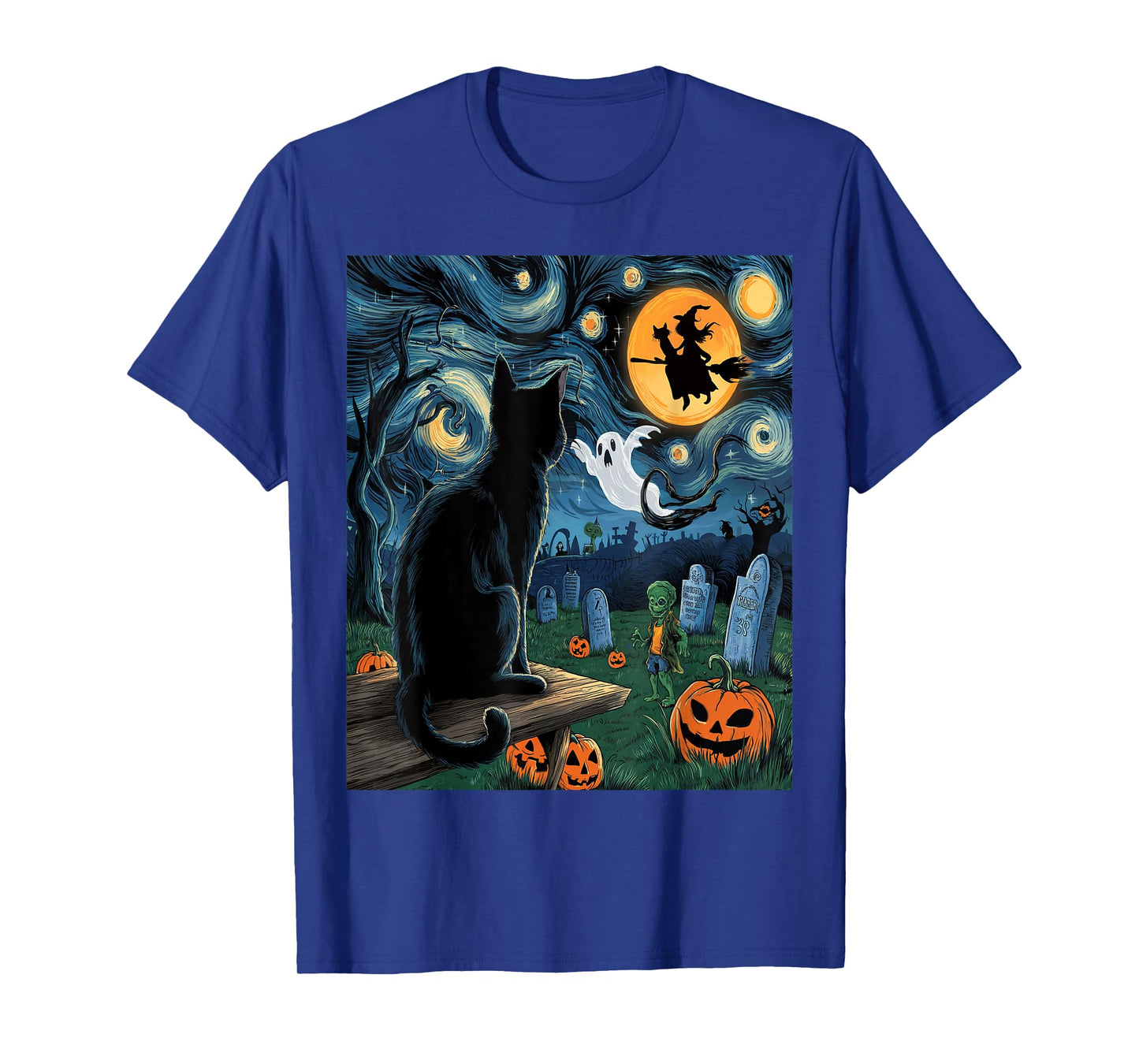 Halloween Van Gogh Starry Night Black Cat Pumpkins Witch T-Shirt