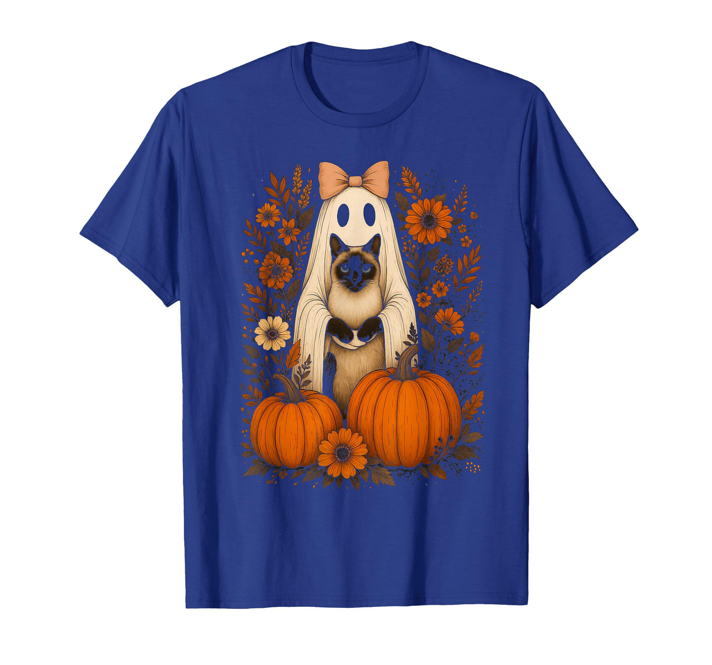 Vintage Halloween Ghost Holding Siamese Cat T-Shirt