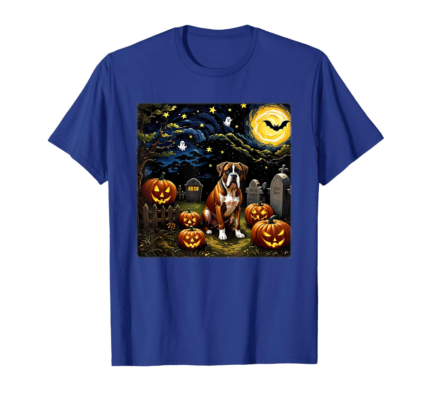 Spooky Halloween Boxer Dog Starry Night T-Shirt for Men Women Kids