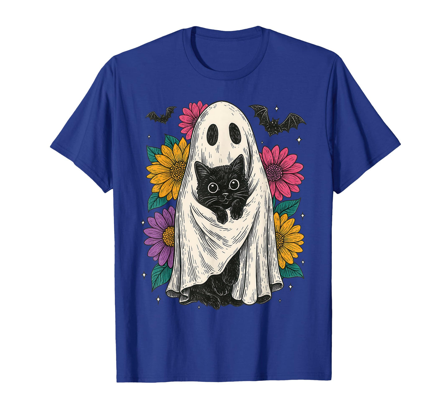 Retro Halloween Ghost and Cat Preppy Floral Halloween T-Shirt
