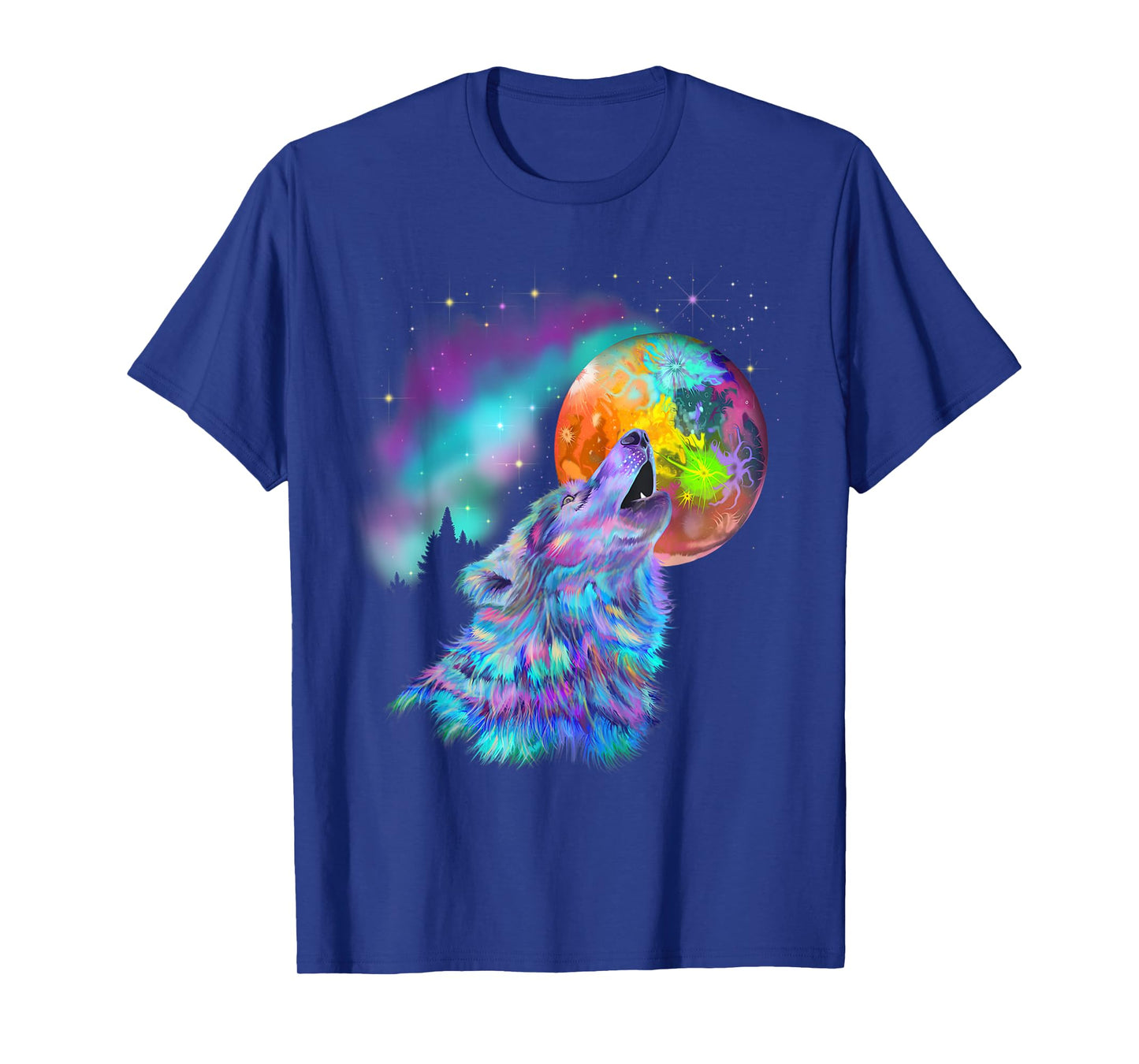 Colorful rainbow psychedelic trippy howling at moon wolf T-Shirt