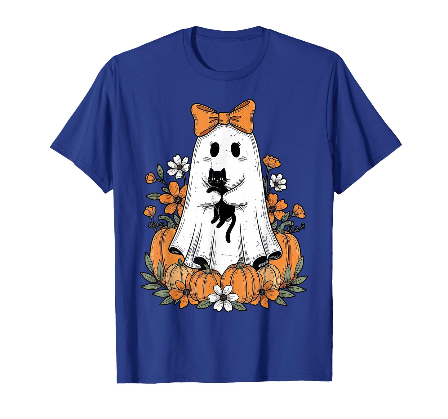 Retro Halloween Cute Ghost Holding Black Cat Floral Pumpkin T-Shirt