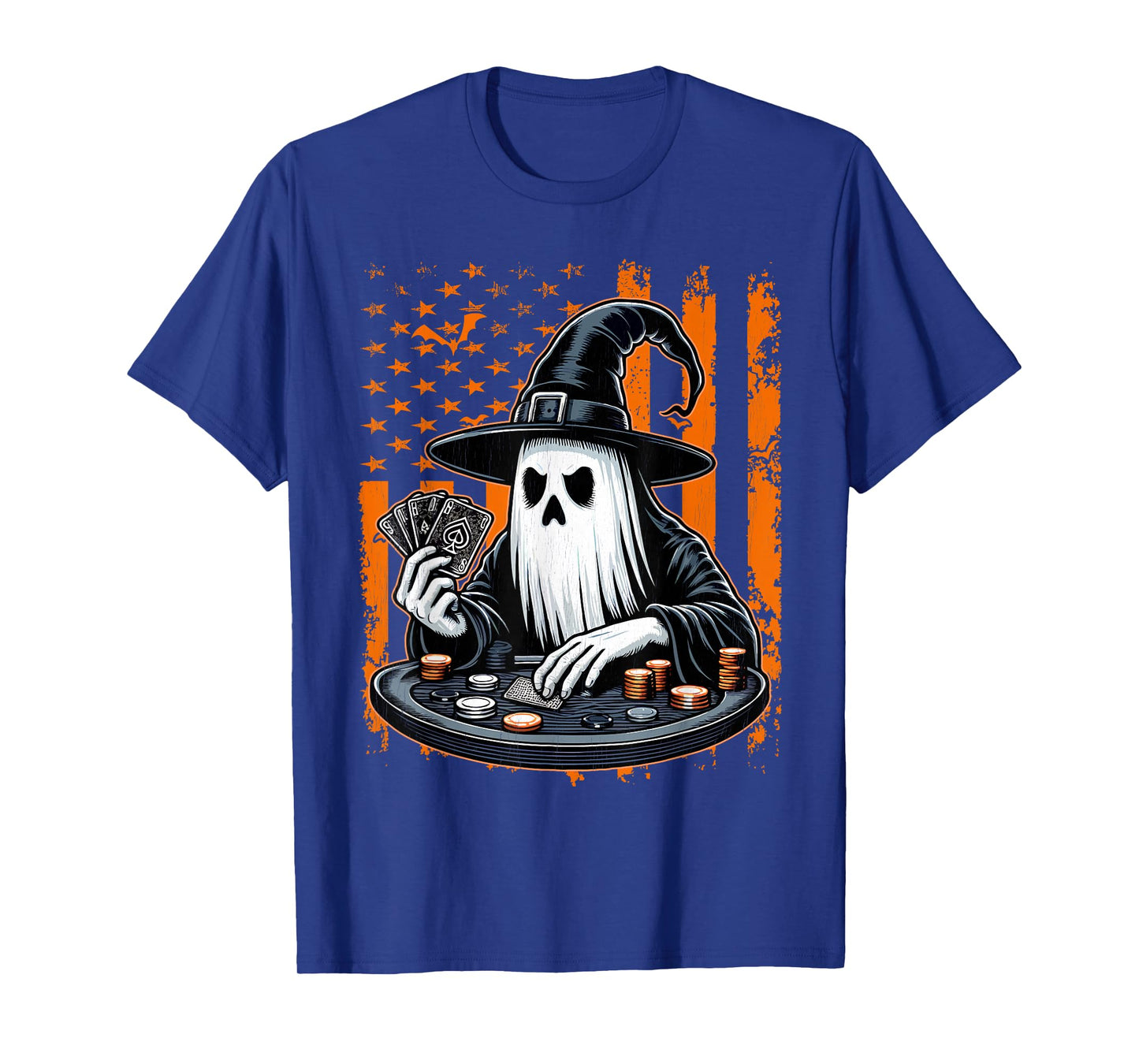 Poker Ghost Halloween Scary Costume Poker Player USA Flag T-Shirt