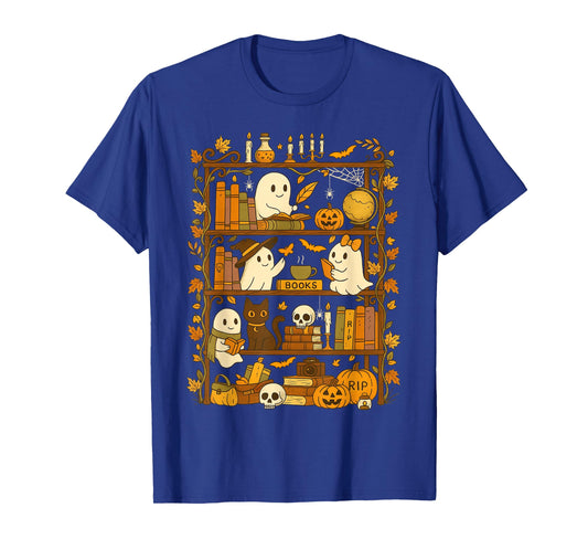 Retro Bookshelf Black Cat Halloween Ghost Reading Book Lover T-Shirt