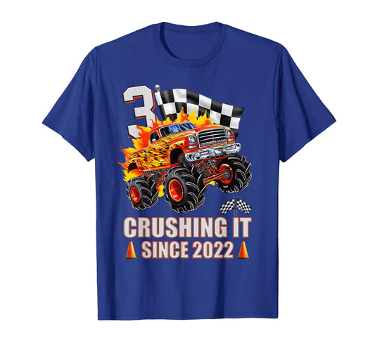 3 Crushing It Since 2022 3rd Birthday Monster Truck Kids T-Shirt