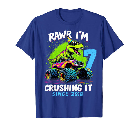 7th Birthday Monster Truck Dinosaur Party Boys Rawr I'm 7 T-Shirt