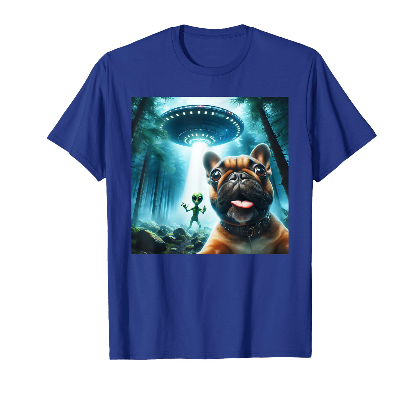 French bulldog selfie with alien UFO cool alien art T-Shirt