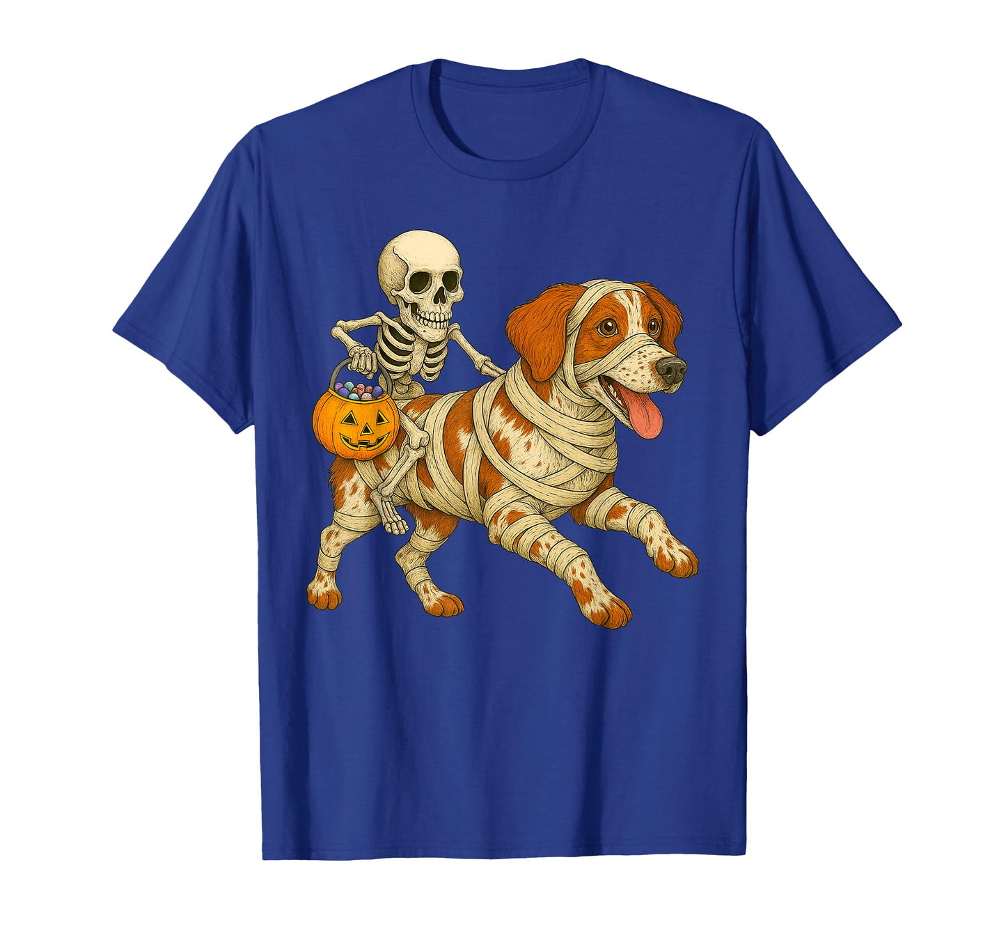 Skeleton Riding Mummy Brittany Spaniel Dog Halloween Funny T-Shirt