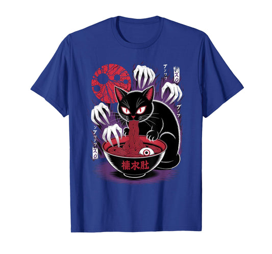 Black Cat Eating Noodles Horror Aesthetic T-Shirt