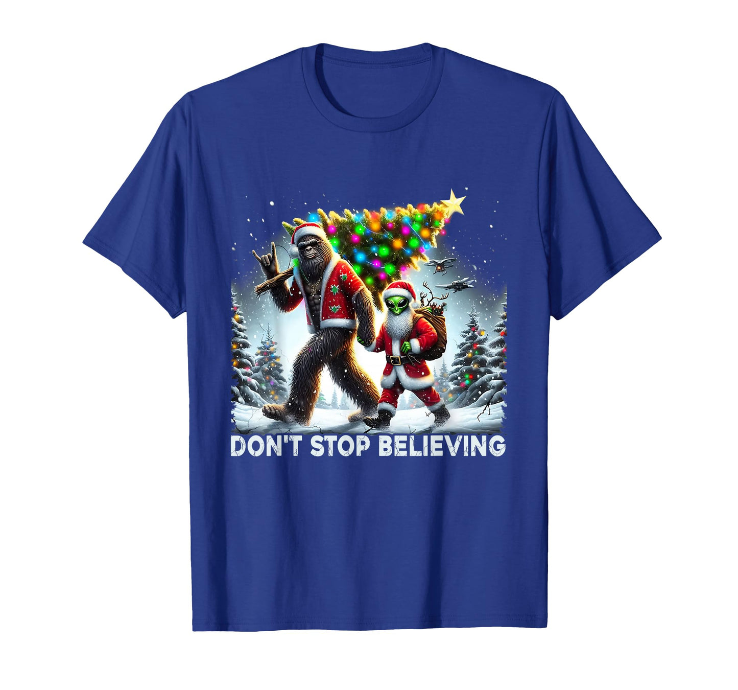 Believe Funny Alien and Santa Christmas Design T-Shirt