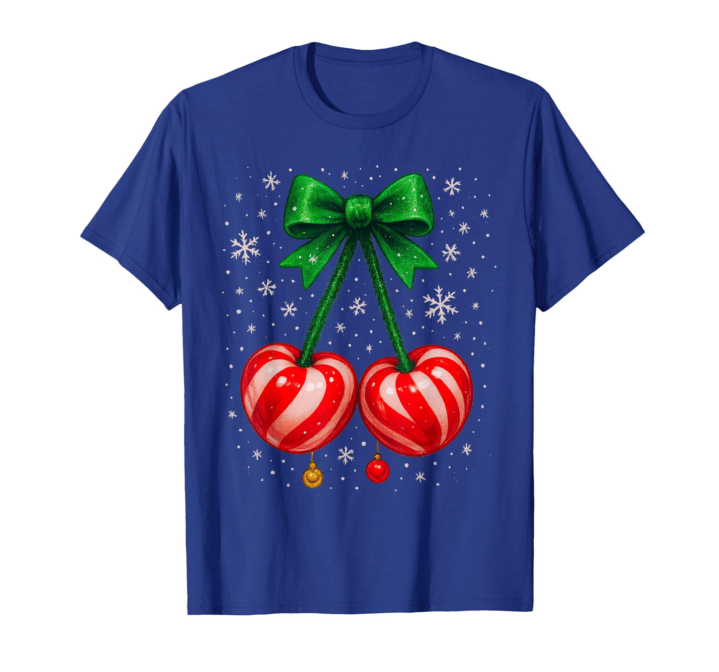 Candycane Cherries with Snowflakes and Green Bow T-Shirt